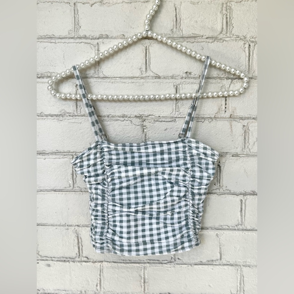 LIKE NEW Hollister White and Blue Gingham Cinched Ruched Tank Crop, Size XS